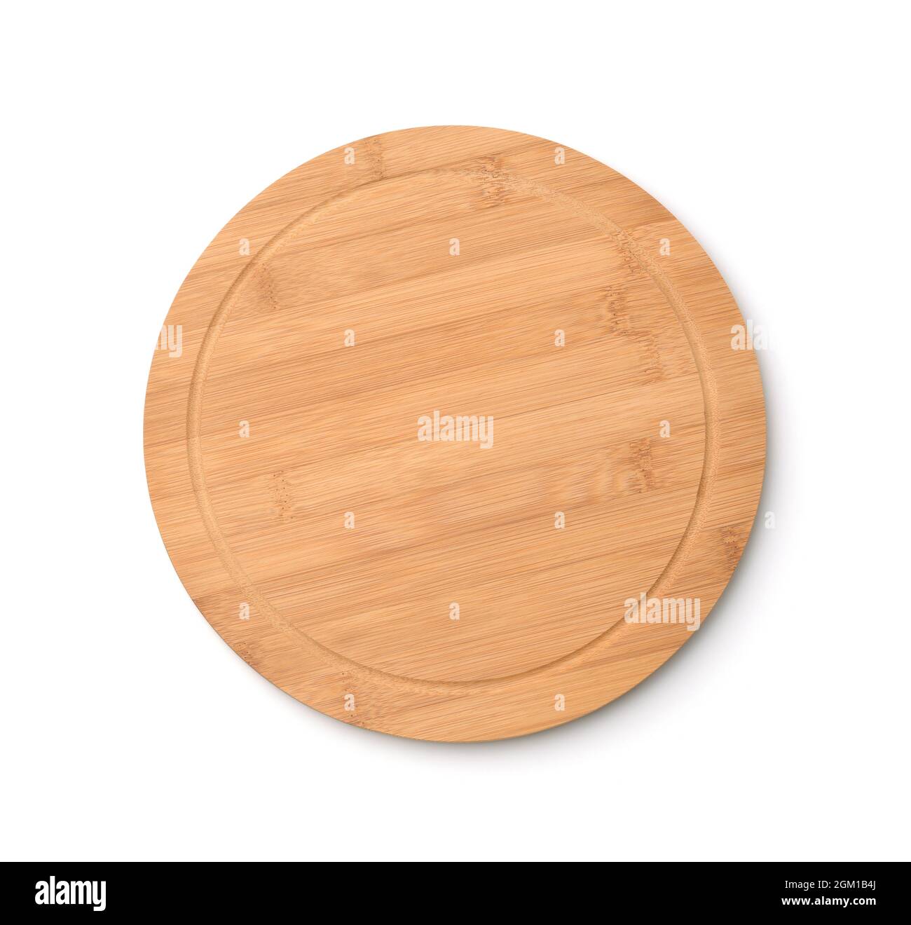 Draufsicht auf leere runde Bambus Pizza Schneidebrett isoliert auf weiß Stockfoto