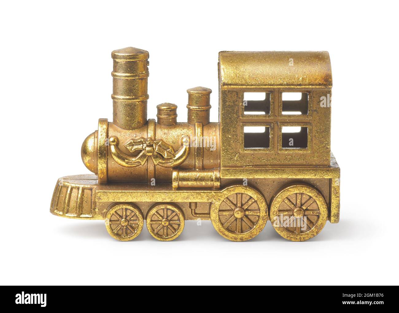 Seitenansicht der goldenen Spielzeug-Dampfzug Lokomotive isoliert auf weiß Stockfoto