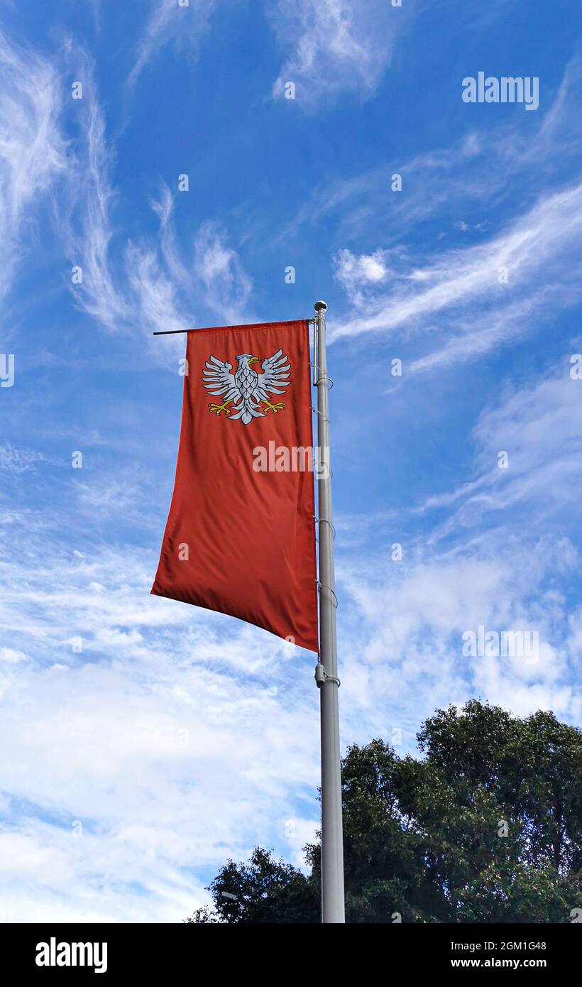 Die Staatsflagge Polens mit dem Emblem der Republik Polen, die im Wind auf der linken Seite auf blauem Himmel Hintergrund winkt Stockfoto