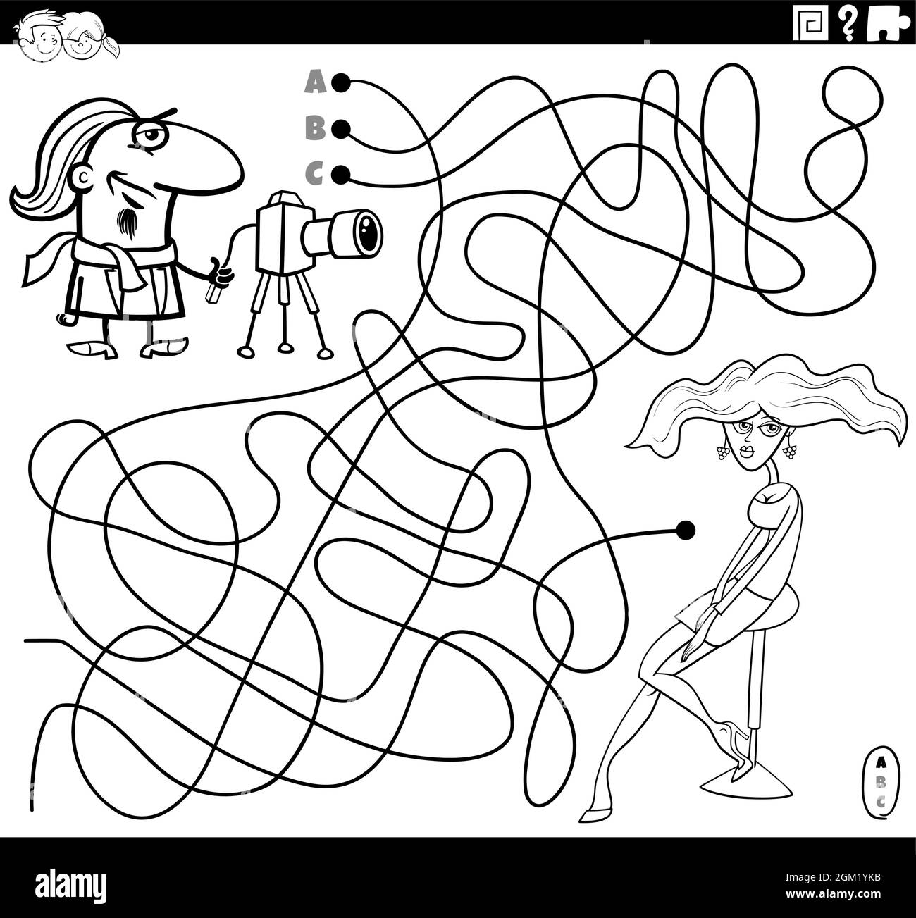 Schwarz-Weiß-Cartoon-Illustration von Linien Labyrinth Puzzle-Spiel mit Fotograf Charakter und Modell Mädchen Färbung Buch Seite Stock Vektor