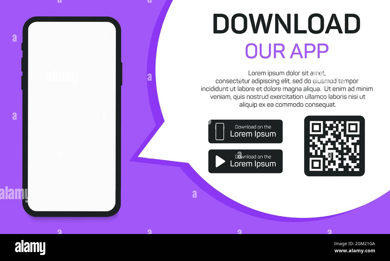 Laden Sie die App vom Store auf das Telefon herunter. QR-Code zum Herunterladen der Anwendung. Werbung für Smartphone-App. Code scannen, klicken Sie auf die Schaltfläche Stock Vektor