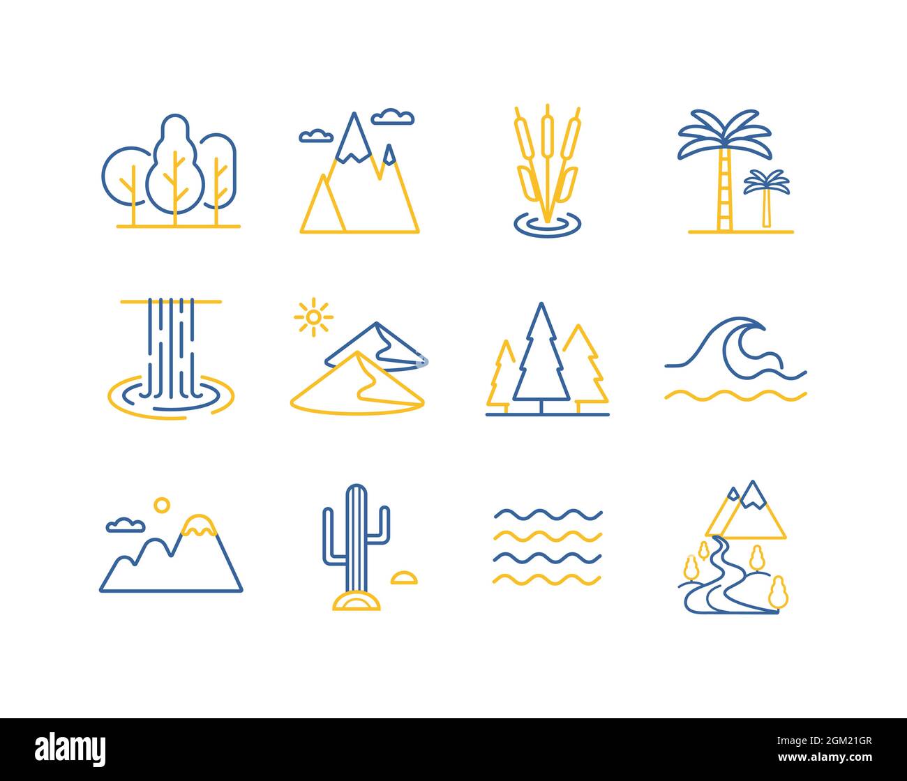 Vektor Natur Ikonen gesetzt. Wüste, Berge, Wald, Fluss, Meer, See. Graph Symbol für Reise-und Tourismus-Website und Apps Design, Logo, App, UI Stock Vektor