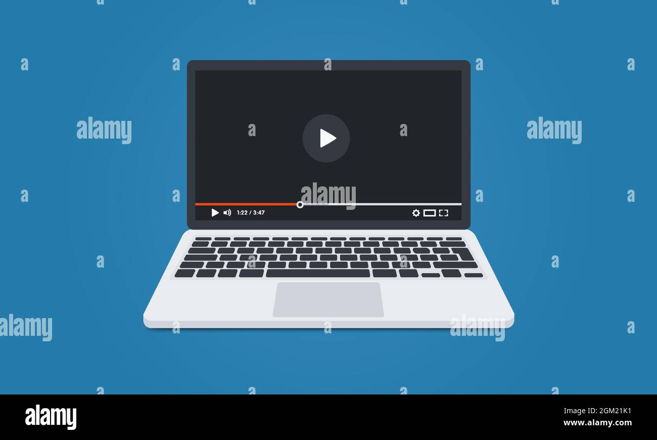 Moderner Laptop mit Videoplayer auf dem Bildschirm. Online-Videos, Filme ansehen, Schulungsmaterialien, Web-Kurse Konzepte. Vektorgrafik. Stock Vektor