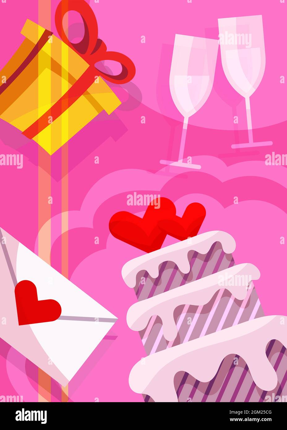 Hochzeitsposter mit Kuchen und Geschenken. Postkartenmotiv im Cartoon-Stil. Stock Vektor