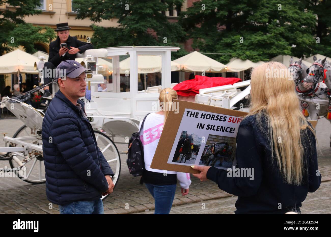 Krakau. Krakau. Polen. Tierrechtler protestieren am Fahrerstand am Main Market Place gegen die Ausbeutung von Kutschenzugpferden Stockfoto