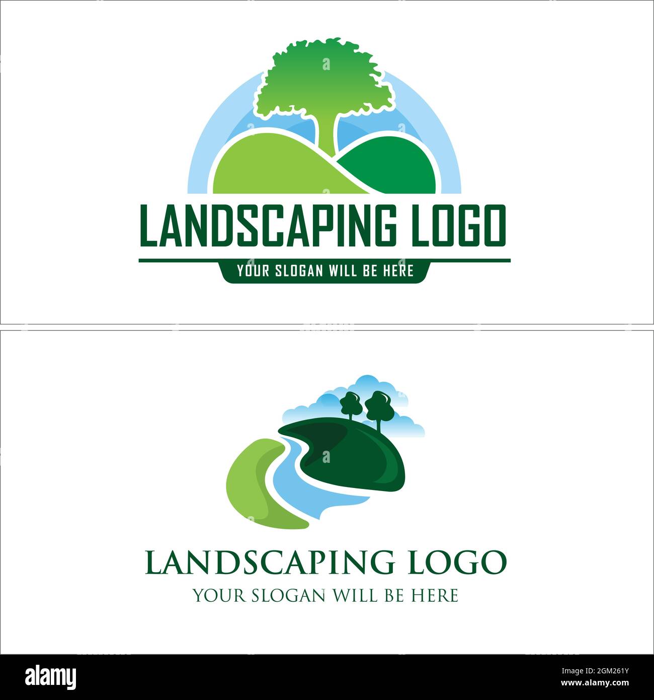 Landschaftsbau Baum Fluss Logo Design Stock Vektor