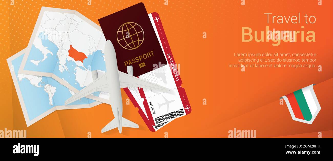 Pop-under-Banner „Reise nach Bulgarien“. Reise-Banner mit Pass, Tickets, Flugzeug, Bordkarte, Karte und Flagge Bulgariens. Vektorvorlage. Stock Vektor