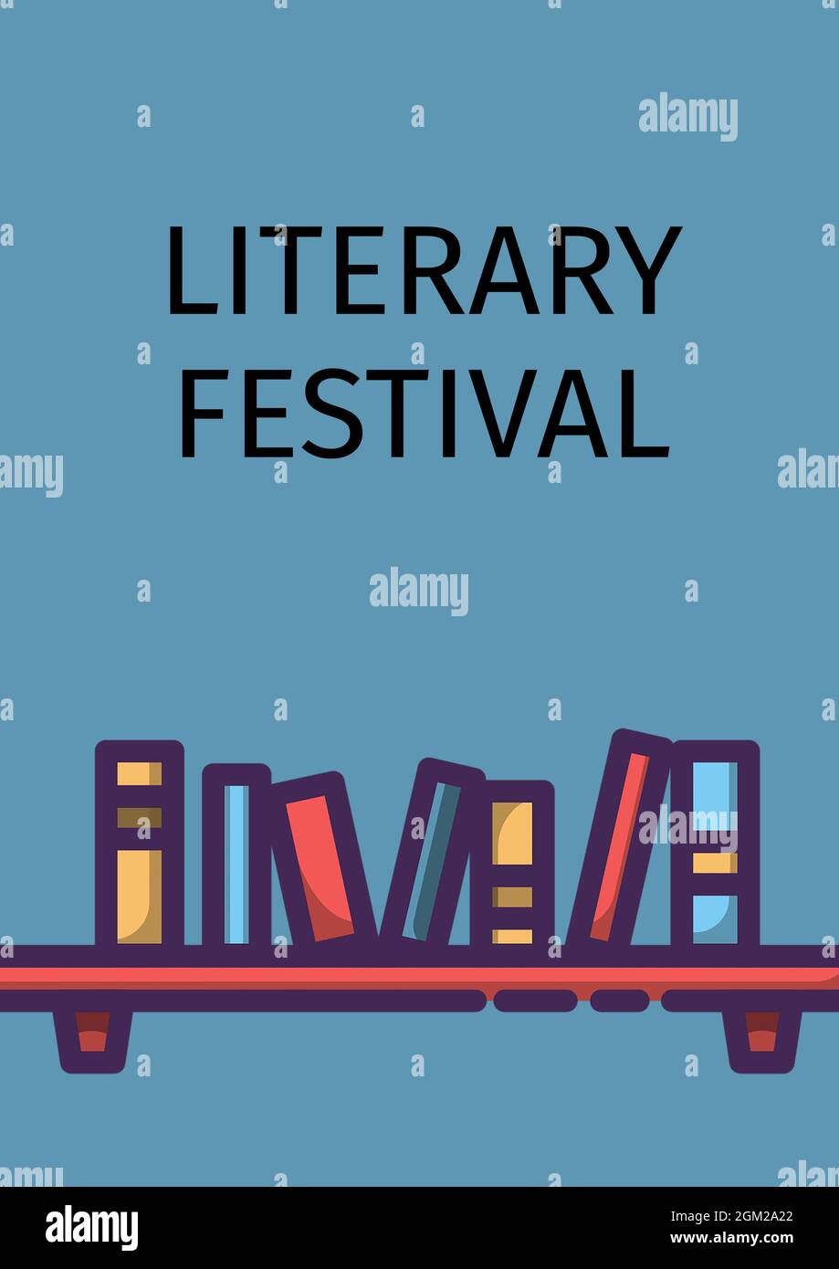 Digital generiertes Bild des literarischen Festivaltextes mit Bücherregal-Symbol vor blauem Hintergrund Stockfoto