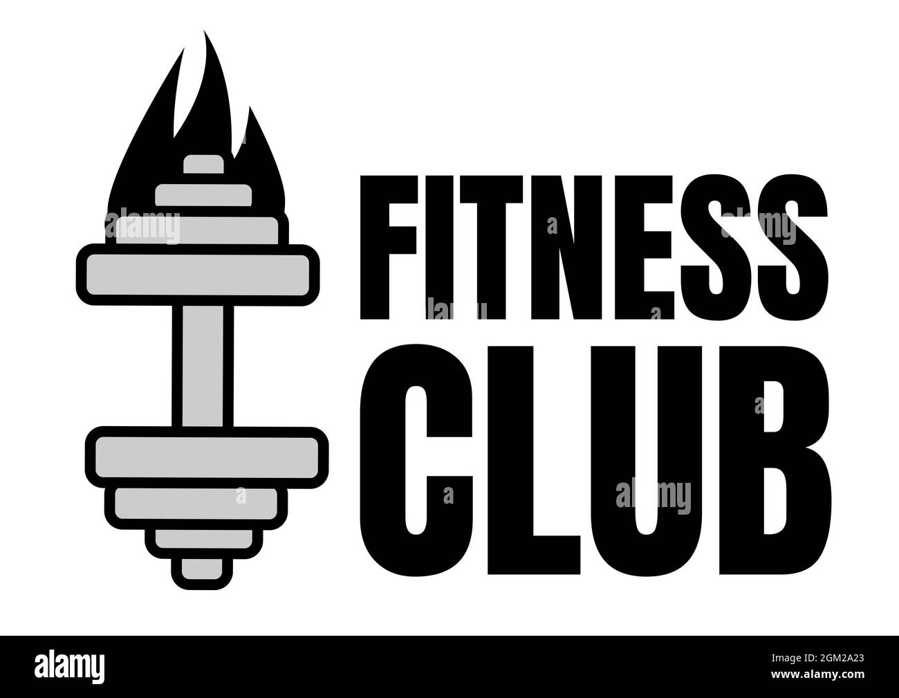 Digital generiertes Bild des Fitness Club Textes mit Hanteln auf Feuer Symbol vor weißem Hintergrund Stockfoto