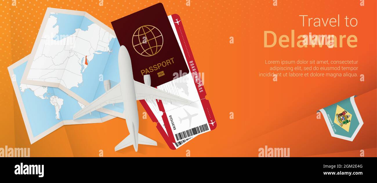 „Travel to Delaware“-Pop-under-Banner. Reise-Banner mit Pass, Tickets, Flugzeug, Bordkarte, Karte und Flagge von Delaware. Vektorvorlage. Stock Vektor
