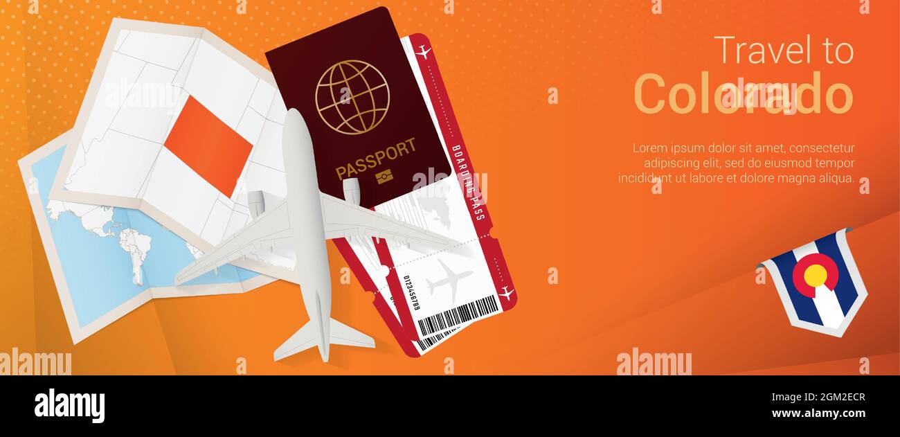 „Reise nach Colorado“-Banner. Reise-Banner mit Pass, Tickets, Flugzeug, Bordkarte, Karte und Flagge von Colorado. Vektorvorlage. Stock Vektor