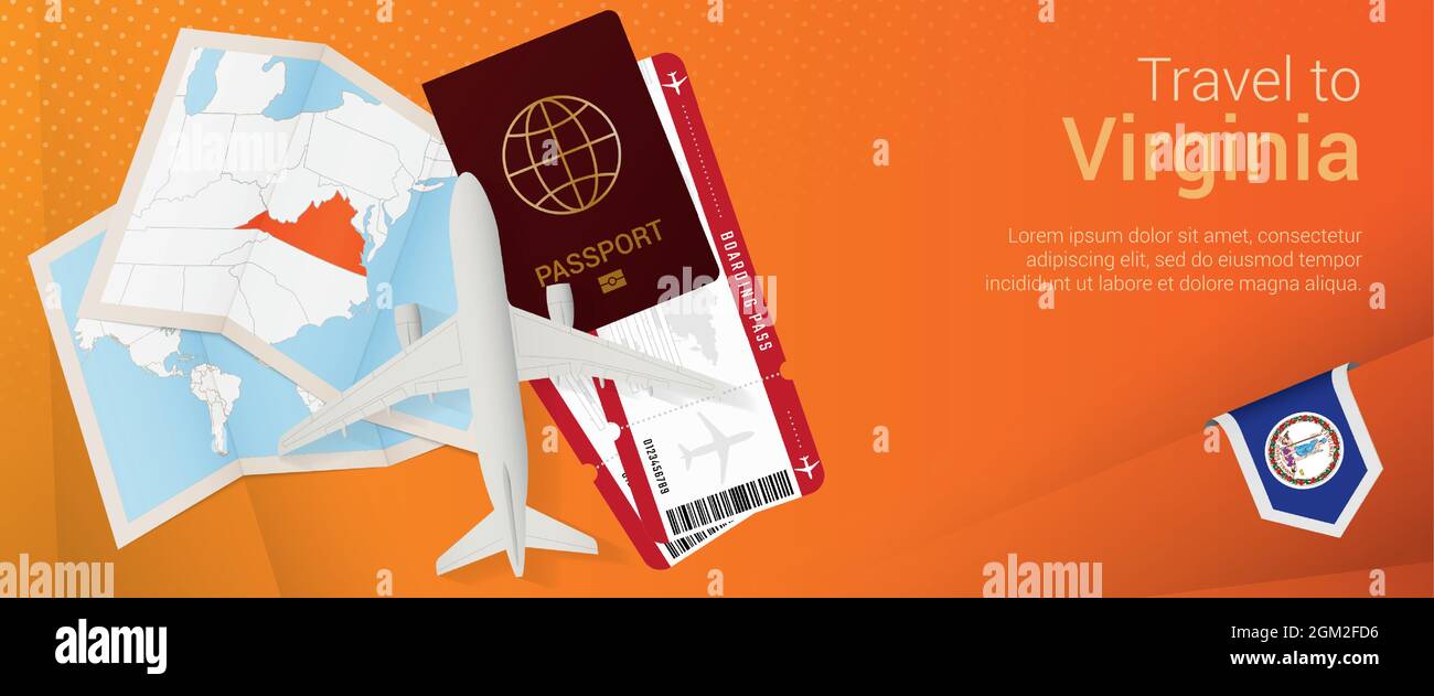 „Reise nach Virginia“-Pop-under-Banner. Reise-Banner mit Pass, Tickets, Flugzeug, Bordkarte, Karte und Flagge von Virginia. Vektorvorlage. Stock Vektor