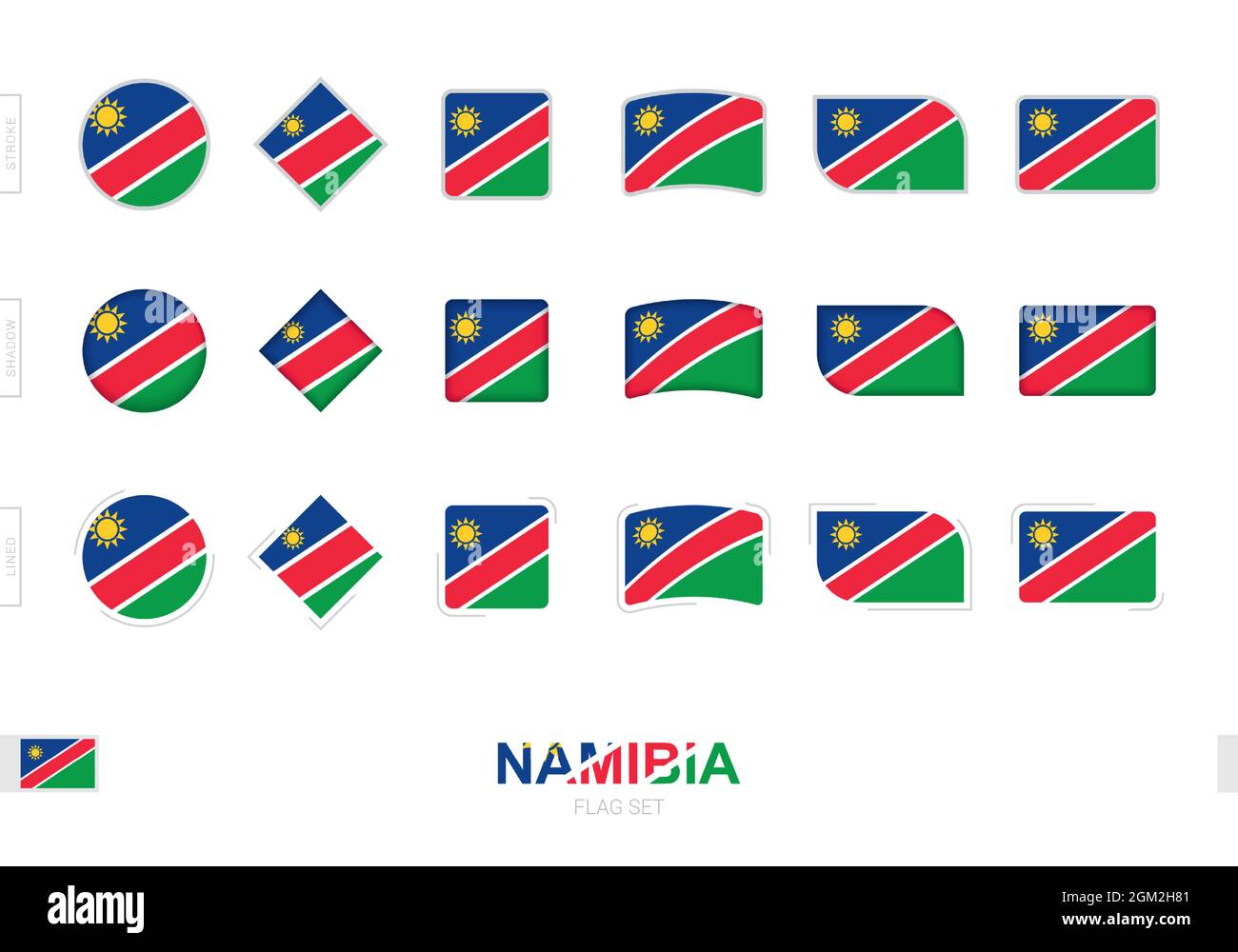 Namibia Flaggenset, einfache Flaggen Namibias mit drei verschiedenen Effekten. Vektorgrafik. Stock Vektor