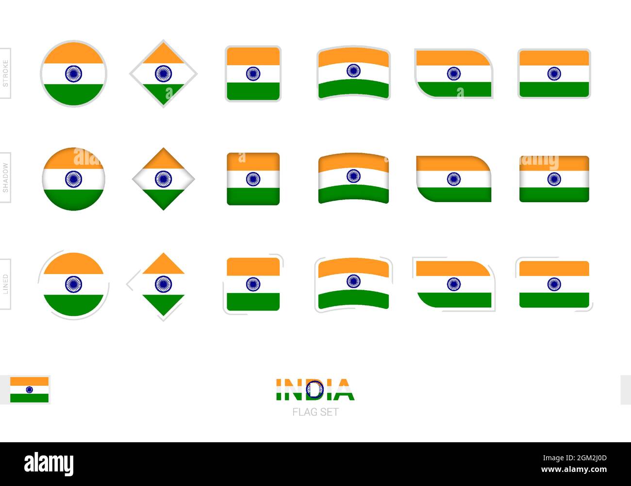 Indien Flagge gesetzt, einfache Fahnen von Indien mit drei verschiedenen Effekten. Vektorgrafik. Stock Vektor