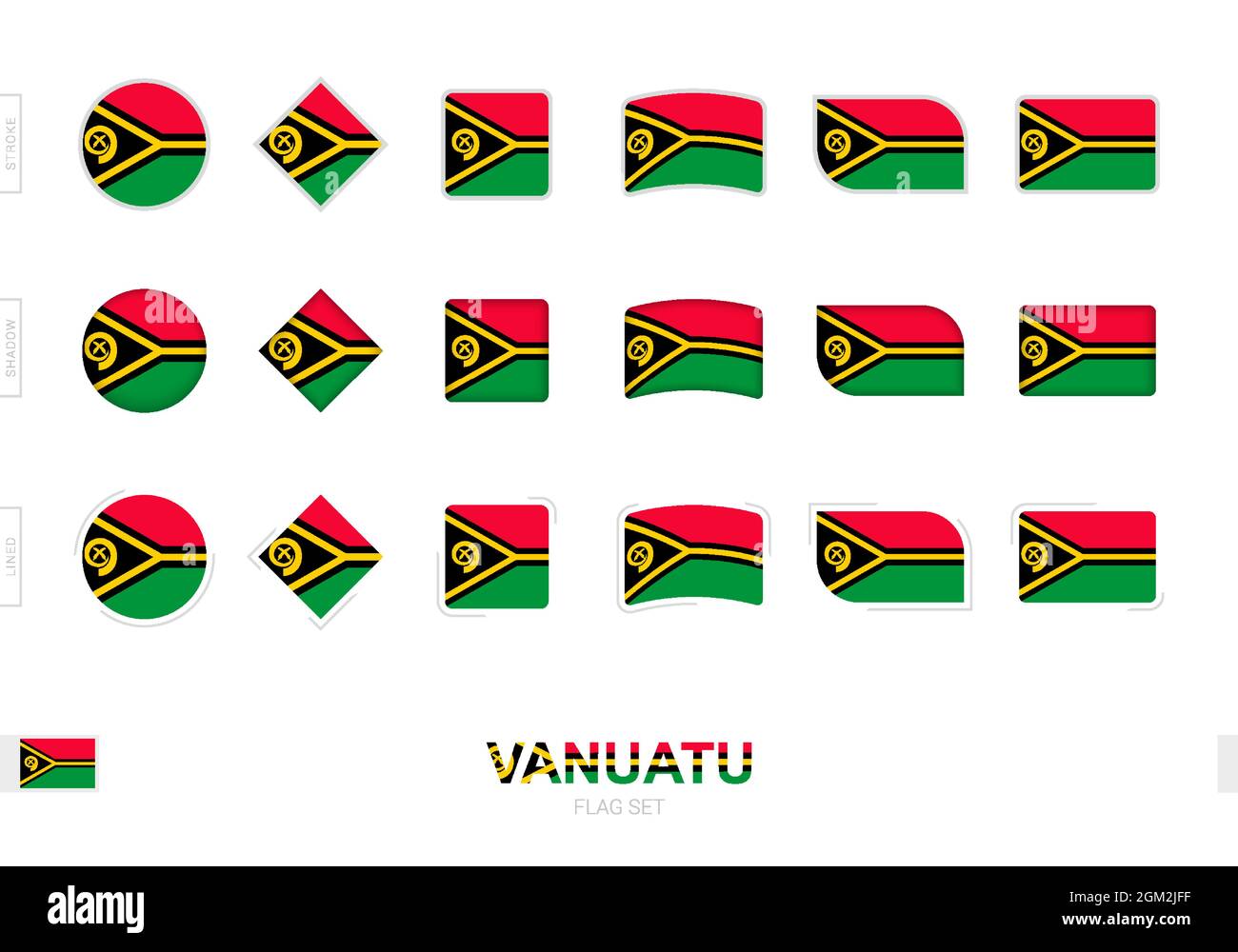 Vanuatu Flaggenset, einfache Flaggen von Vanuatu mit drei verschiedenen Effekten. Vektorgrafik. Stock Vektor