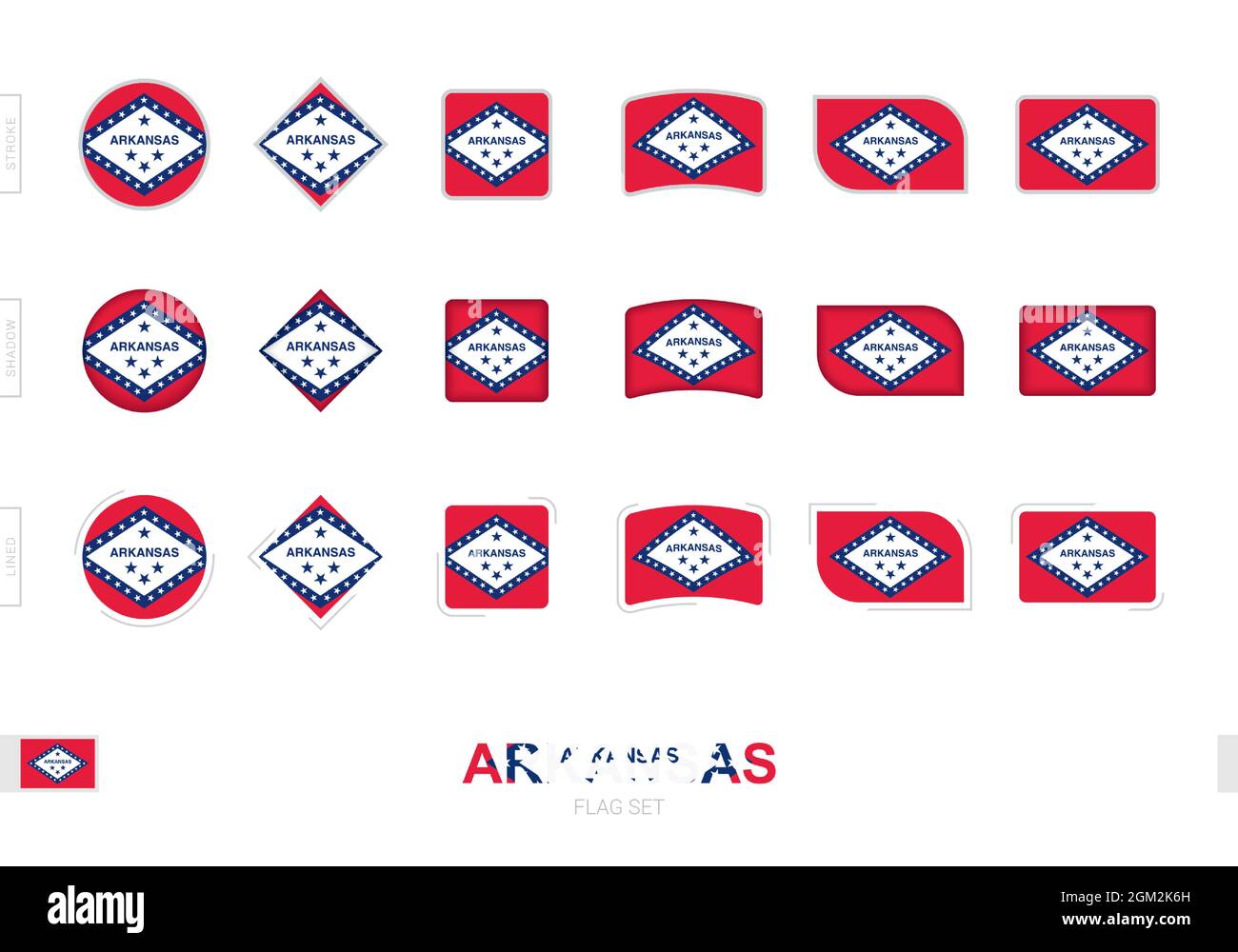 Arkansas Flaggenset, einfache Flaggen von Arkansas mit drei verschiedenen Effekten. Vektorgrafik. Stock Vektor