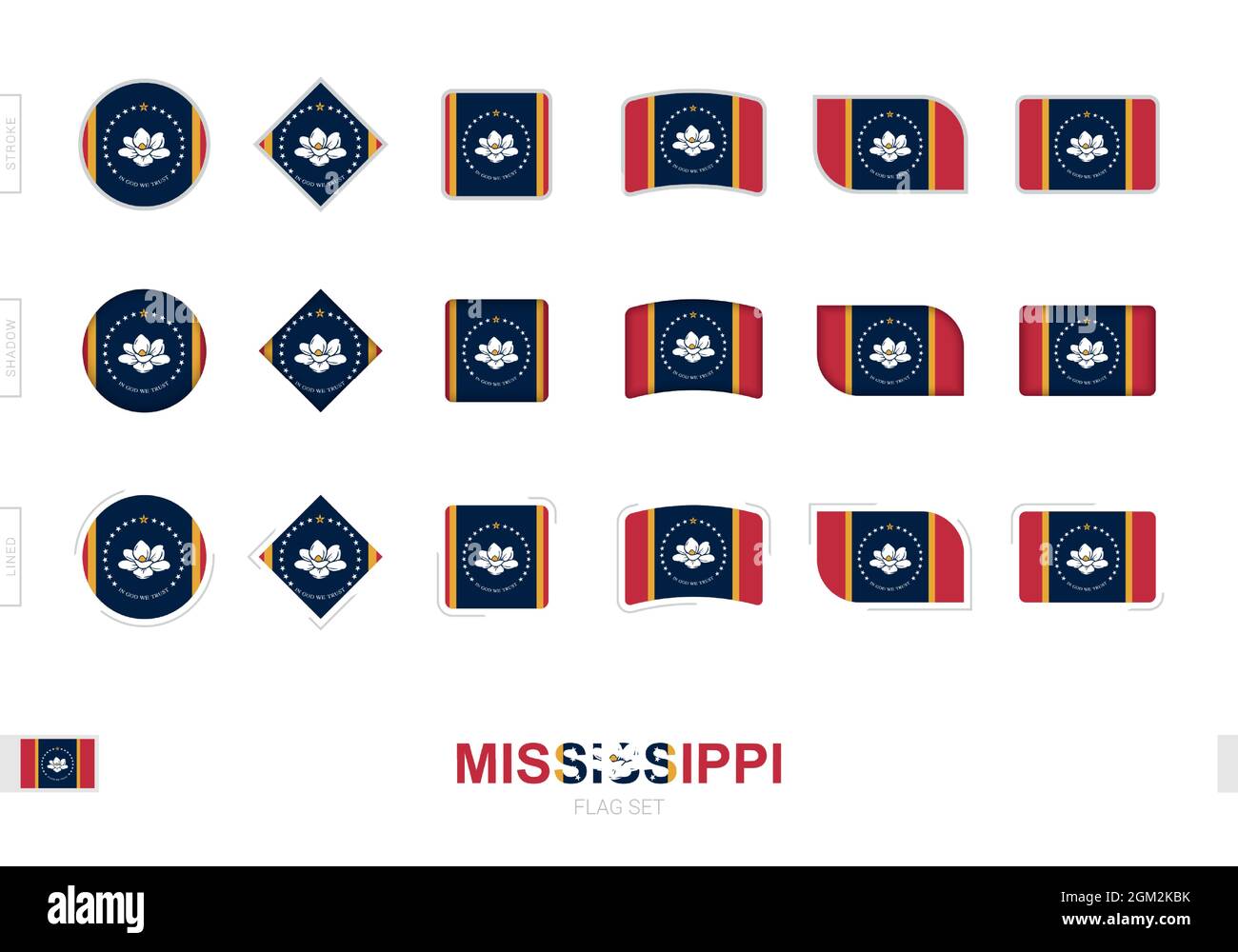 Mississippi Flagge gesetzt, einfache Flaggen von Mississippi mit drei verschiedenen Effekten. Vektorgrafik. Stock Vektor