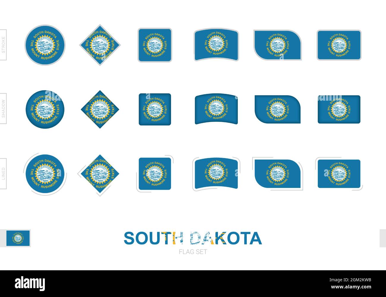 South Dakota Flaggenset, einfache Flaggen von South Dakota mit drei verschiedenen Effekten. Vektorgrafik. Stock Vektor