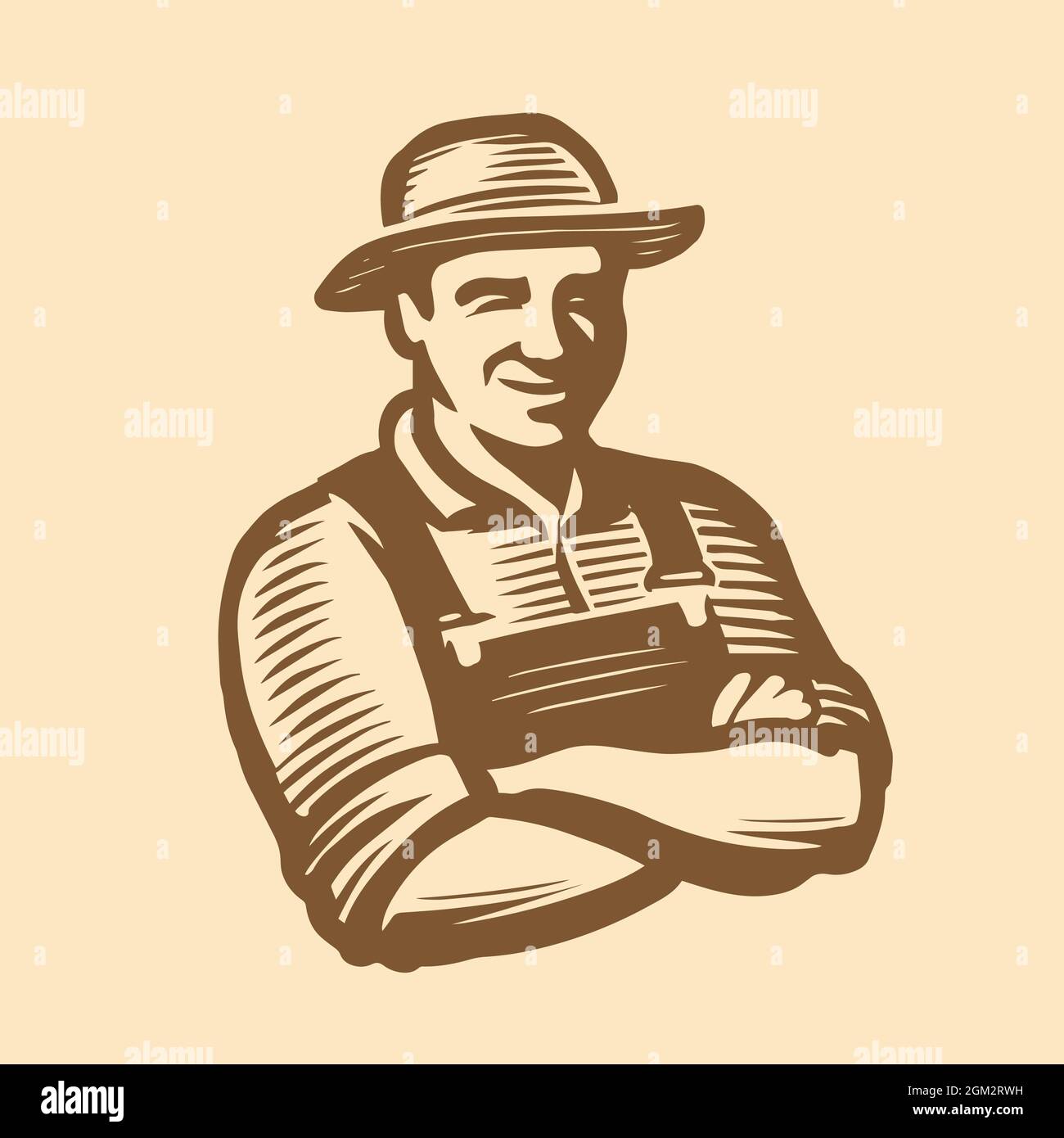 Farmer man-Logo. Bauernhof, Landwirtschaft Symbol in Gravur-Stil. Skizze Vintage Vektor Illustration Stock Vektor