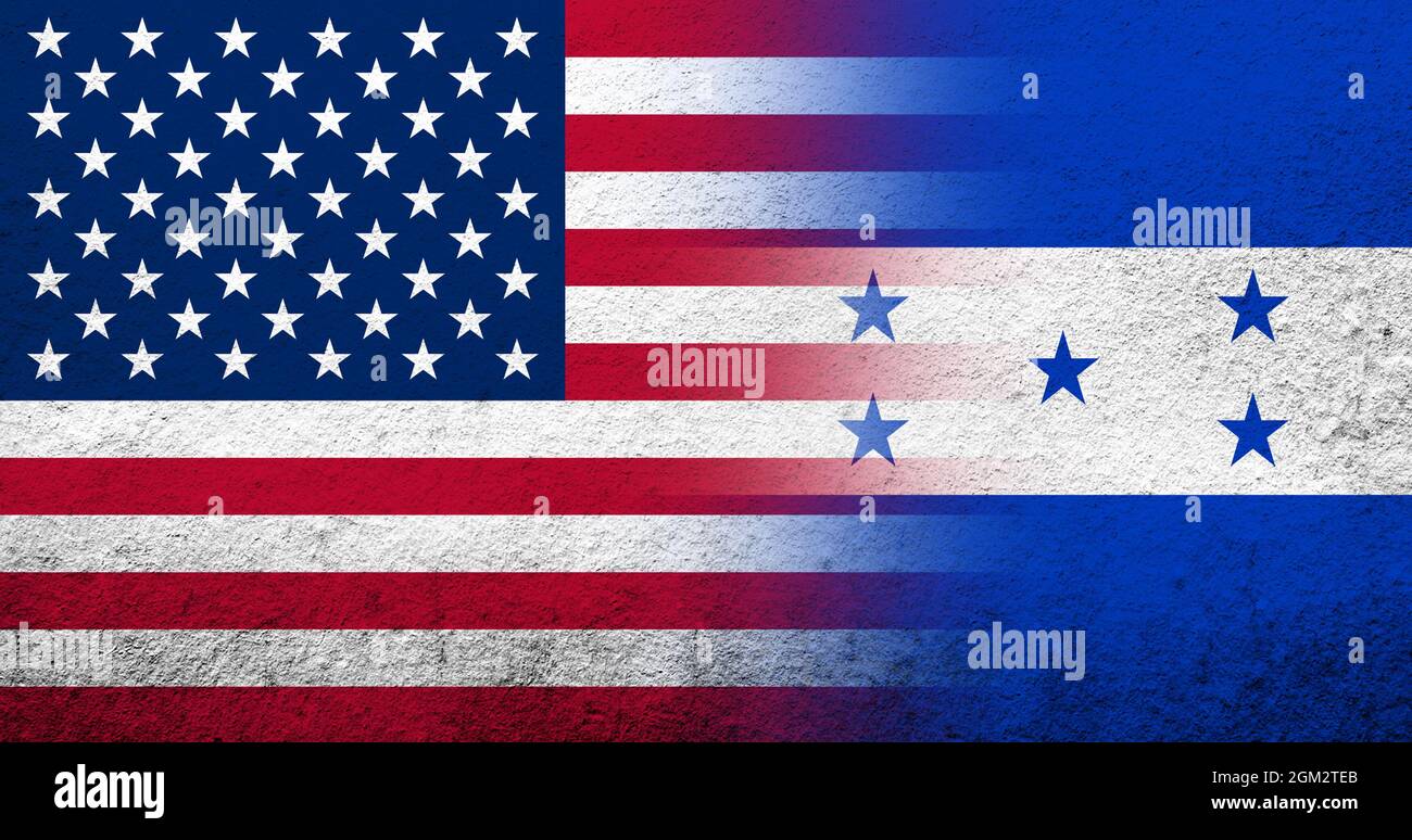 Vereinigte Staaten von Amerika (USA) Nationalflagge mit Honduras Nationalflagge. Grunge Hintergrund копия Stockfoto