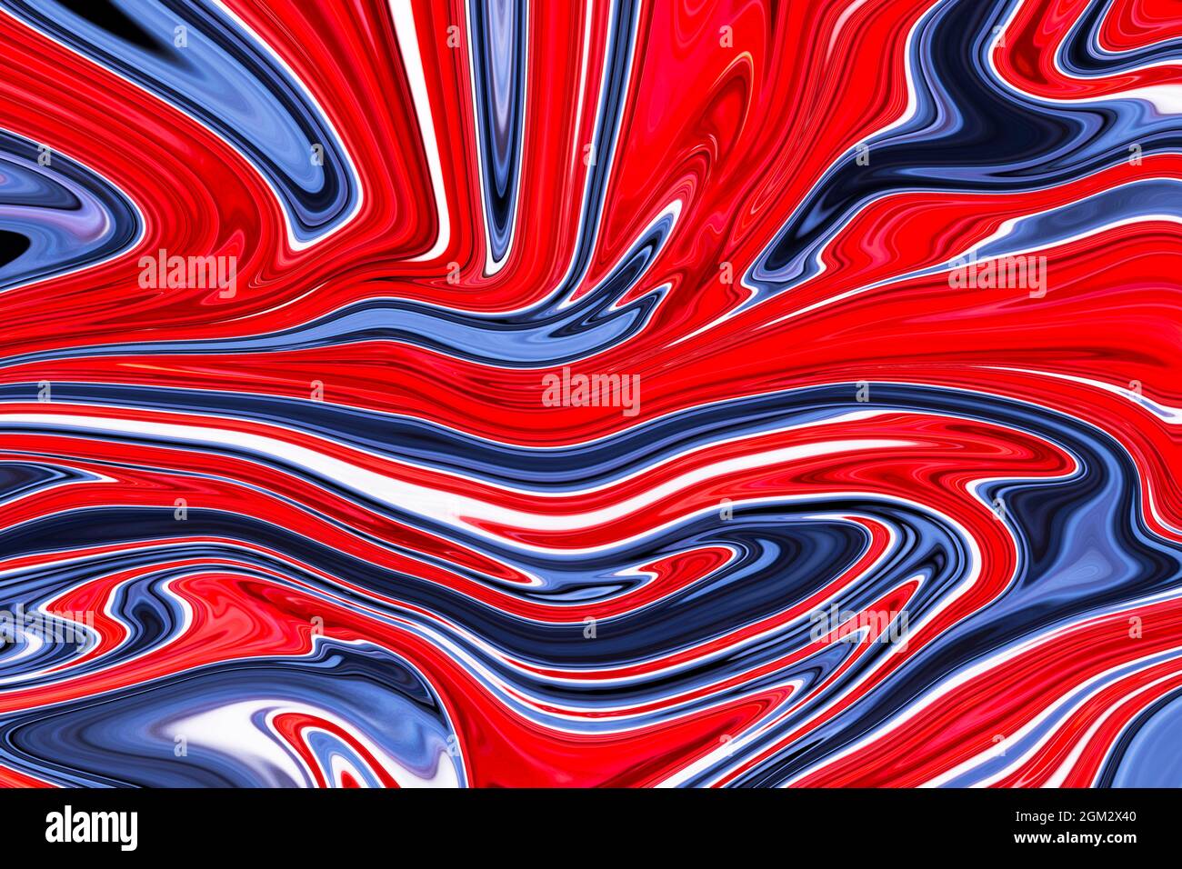 Moderne bunte flüssige Kunst Hintergrund. Wellenfarbe Flüssigkeitsform. Rote, blaue und weiße Farben. Abstraktes Design, Flow Backgound Stockfoto