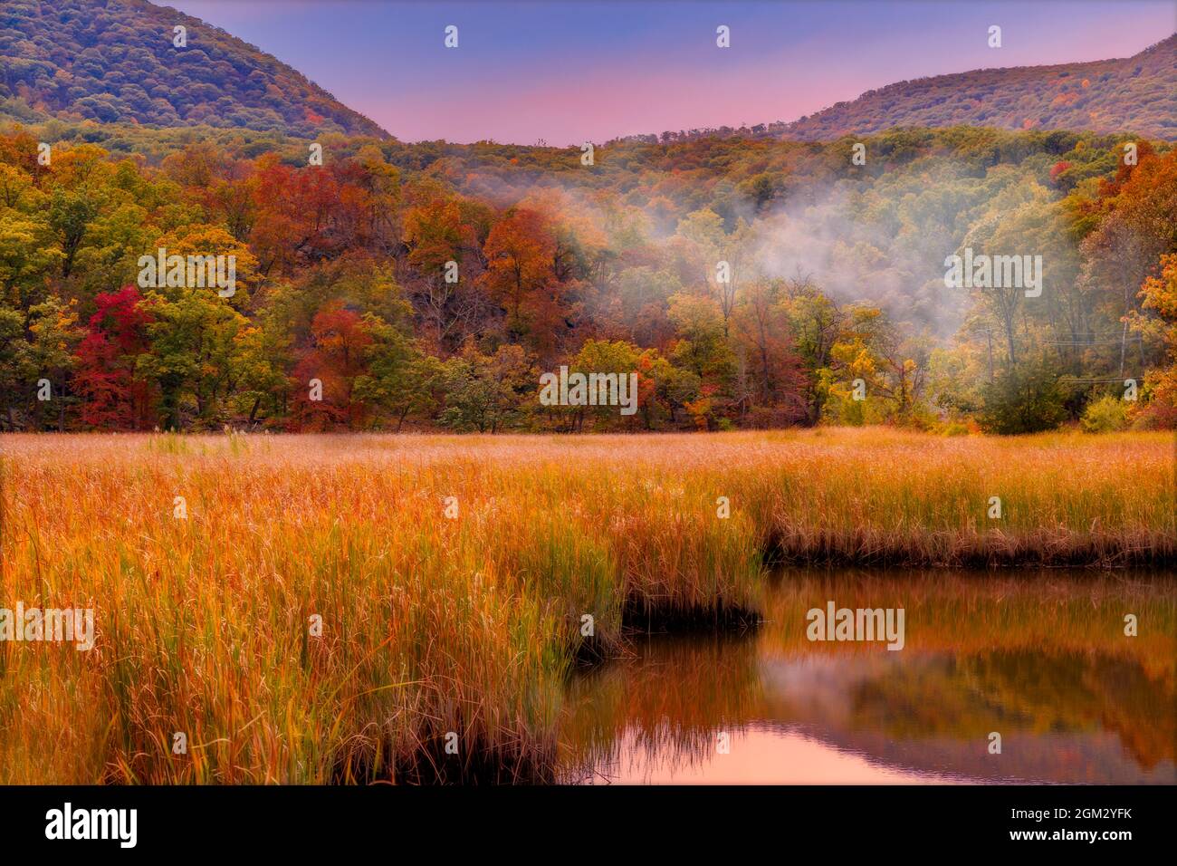 Herbst im Bear Mountain State Park - Blick auf den Bear Fall mit seinem herrlichen, lebendigen Laub und einigen Nebelschwaden. Dieses Bild ist in col Stockfoto