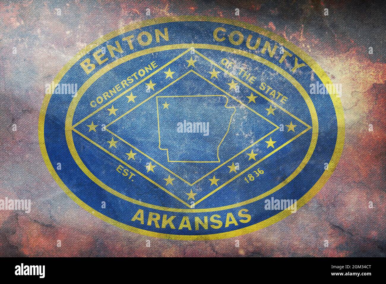 Draufsicht auf den Retro-Bezirk Benton, Arkansas-Flagge mit Grunge-Textur, USA, kein Fahnenmast. Layout der Ebenenkonstruktion. Hintergrund markieren Stockfoto