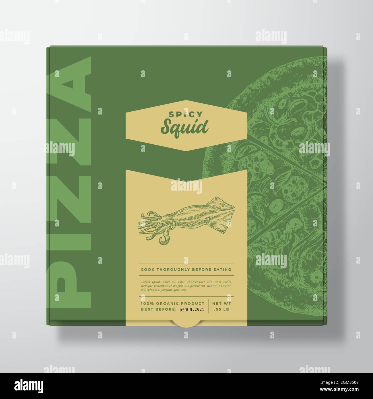 Pizza mit Meeresfrüchten Tintenfisch realistischer Karton-Box-Mockup. Abstraktes Vektor-Verpackungsdesign oder -Etikett. Moderne Typografie, Sketch Food und Farbpapier Stock Vektor