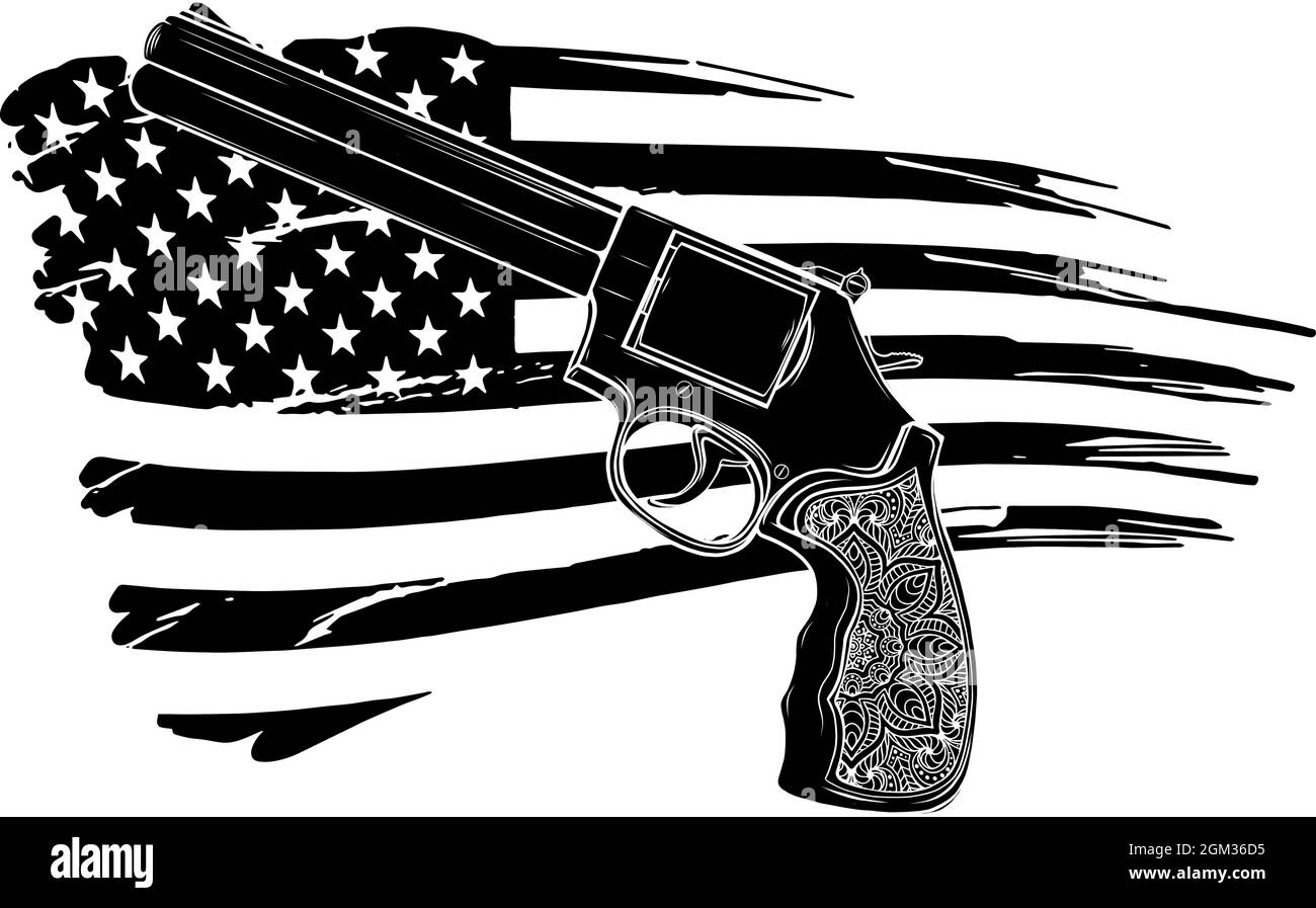 Revolver-Ikone im schwarzen Stil mit amerikanischer Flagge Stock Vektor