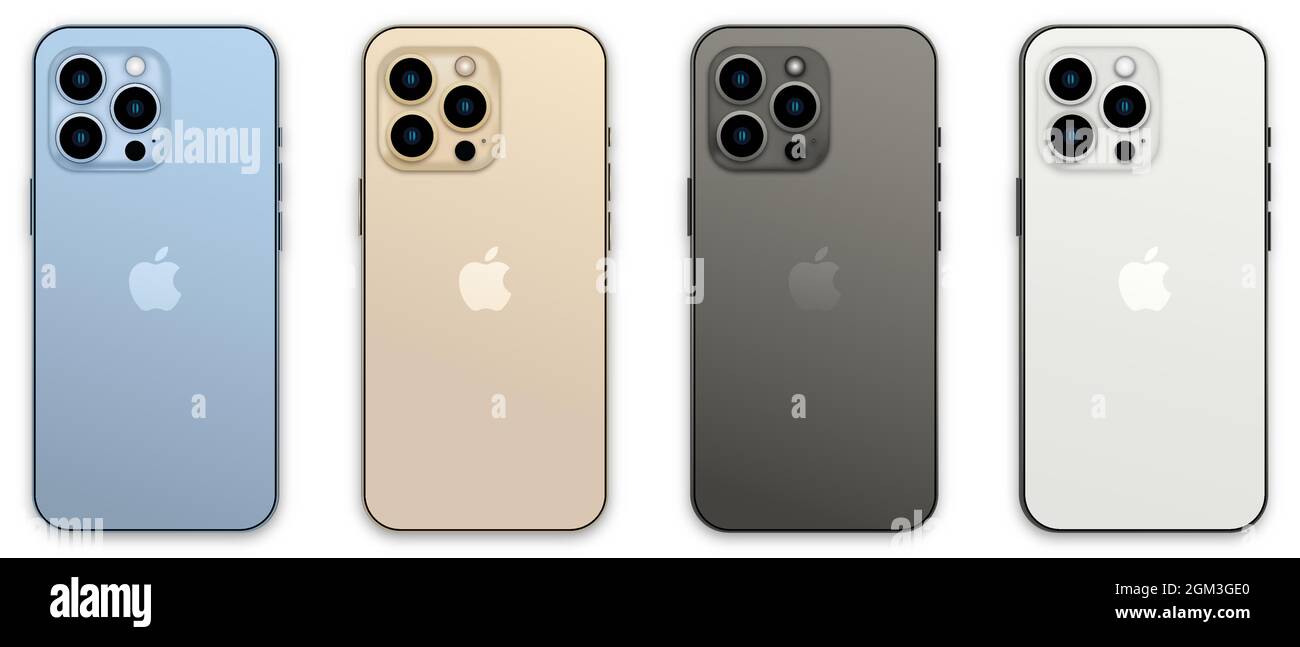 Vinnyzja, Ukraine - 16. September 2021. Neues iPhone 13 Pro in vier Farben: Sierra Blue, Silver, Gold und Graphite. Vektorgrafik Stock Vektor