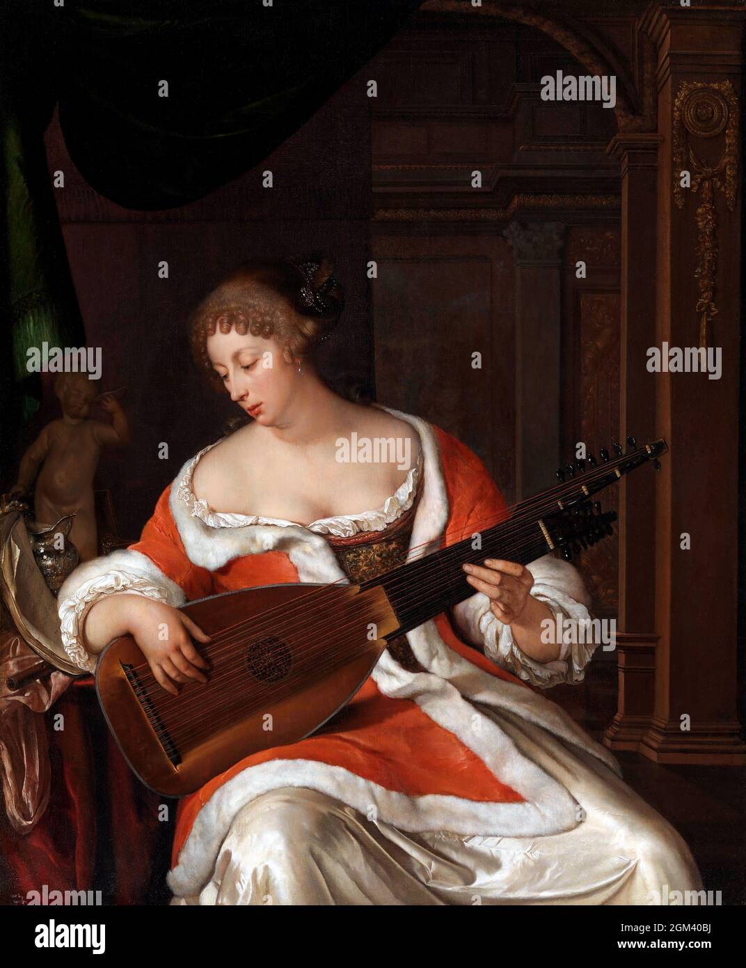Lady playing a Lute in an Interior von der niederländischen Künstlerin Eglon van der Neer (1635/36- 1703), Öl auf Tafel, 1675 Stockfoto