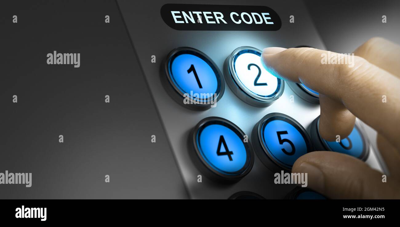 Mann, der Code auf einem Brett mit blauen Knöpfen eingibt. Zusammengesetztes Bild zwischen einer Handfotografie und einem 3D-Hintergrund. Stockfoto