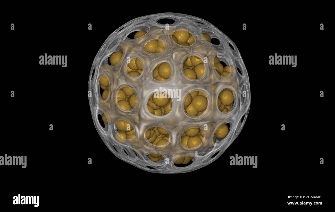 Nanokapsel , Nanocarrier . Nanopartikel-Kugel mit gleichmäßig verteilten asymmetrischen Löchern. 3D-Rendering-Illustration Stockfoto