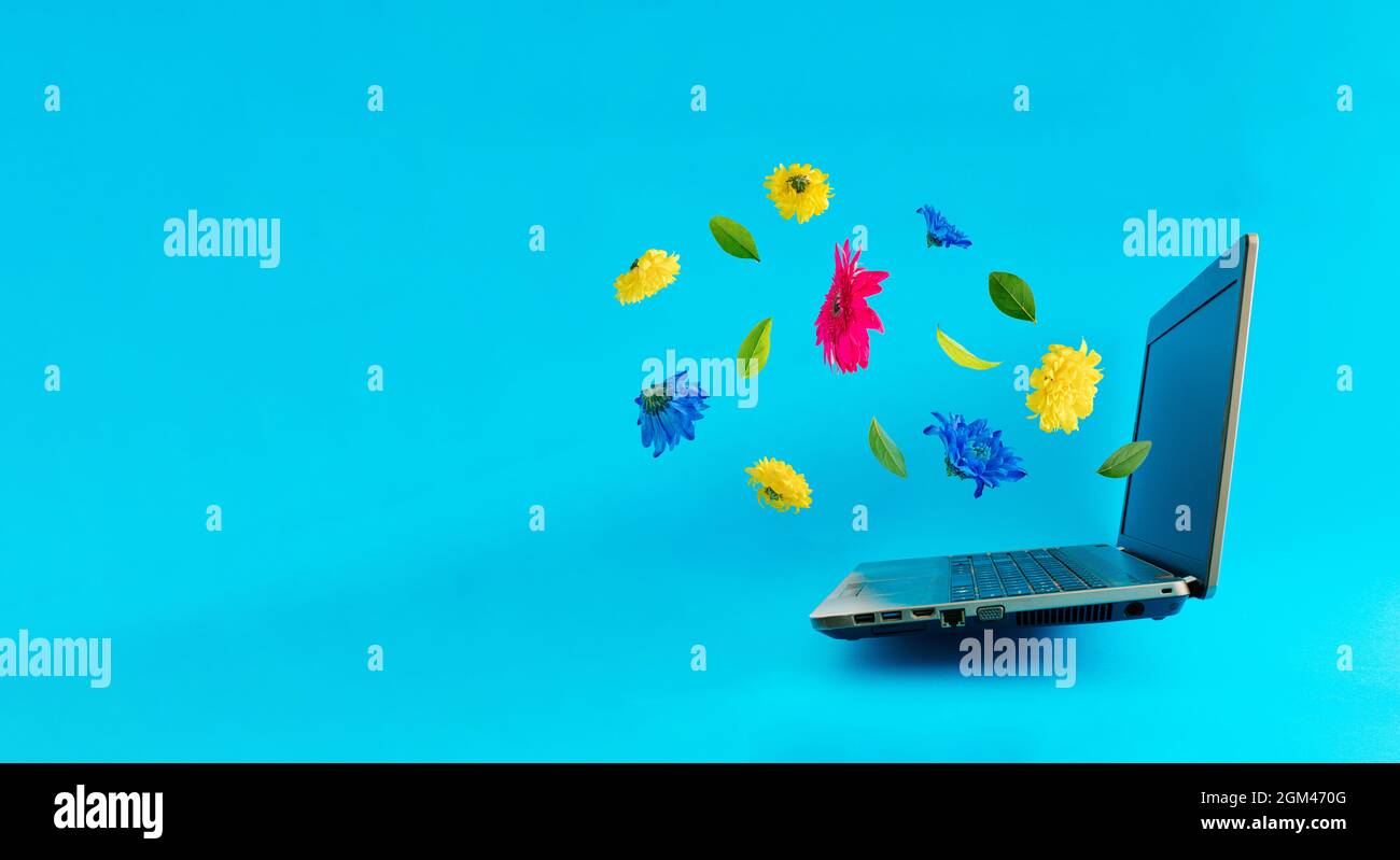 Laptop isoliert mit Blumen auf blauem Hintergrund mit Kopierplatz. Vielversprechende Botschaft und fröhliches Nachrichtenankündigungskonzept.positives Denken und ENCO Stockfoto