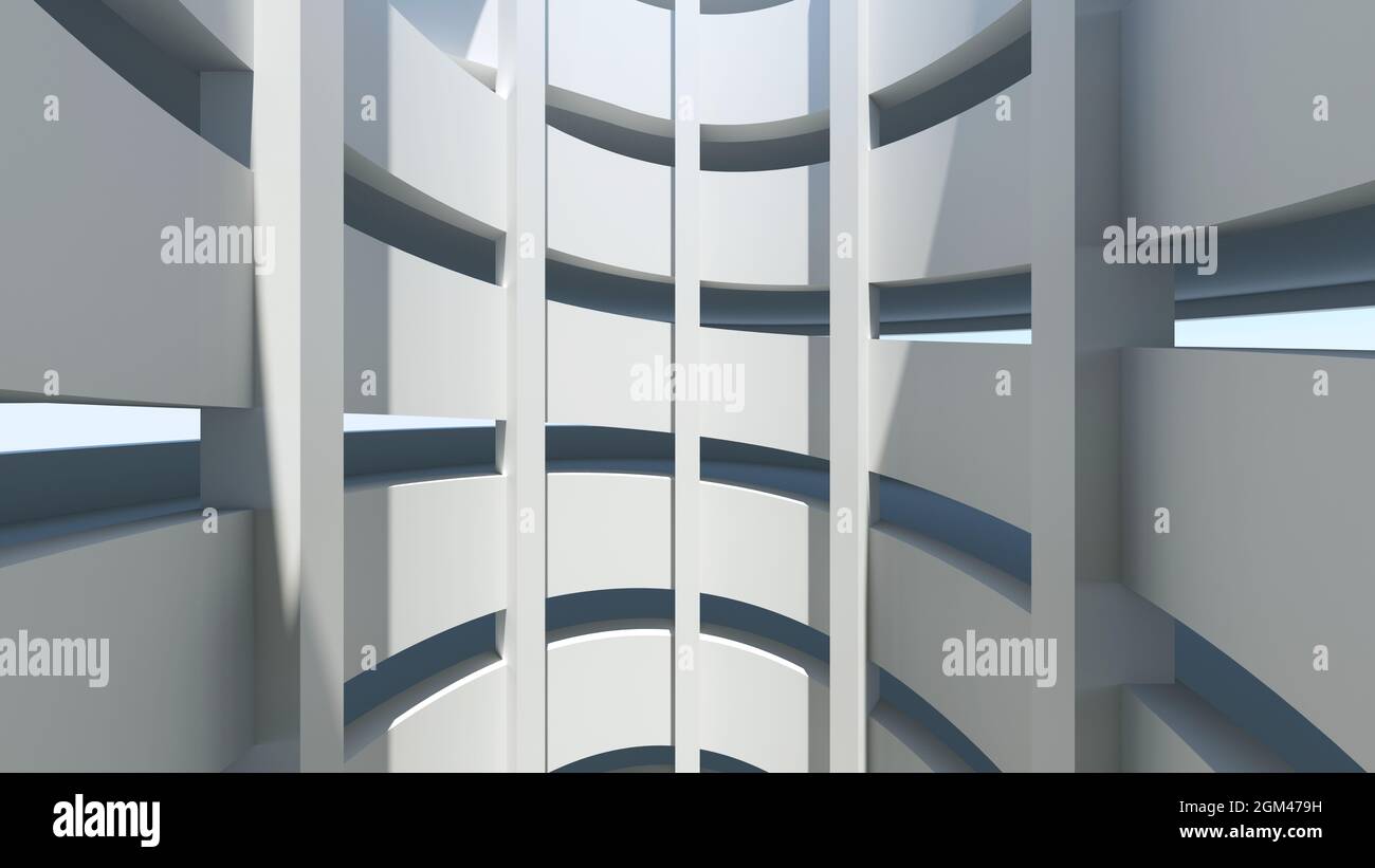 Abstrakt weiße Spiralrampe innen. Mehrstufige Parkplatzstruktur, 3d-Darstellung Stockfoto