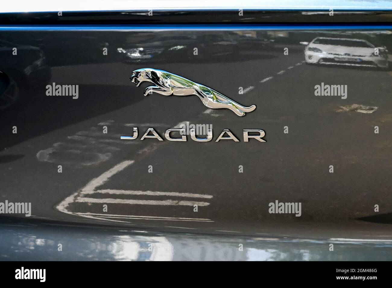 London, England - 2021. August: Nahaufnahme des Emblems auf dem Kofferraum eines Jaguar Autos Stockfoto