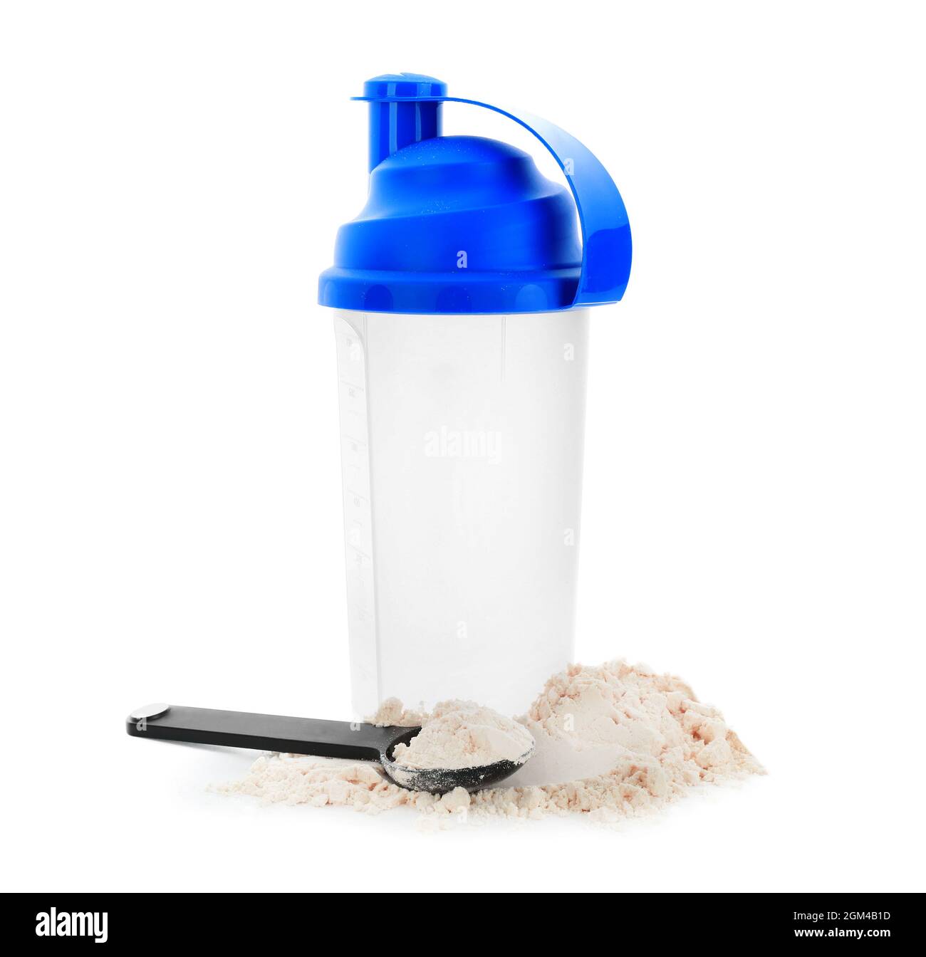 Protein Shake und Löffel mit Proteinpulver auf weißem Hintergrund  Stockfotografie - Alamy