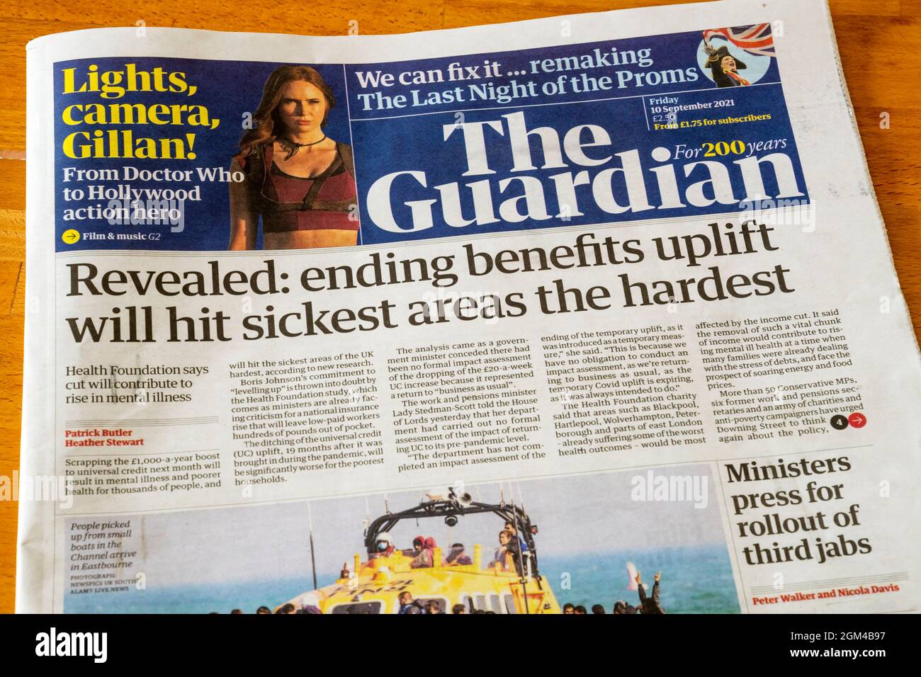 Die Titelseite der Zeitung Guardian vom 10. September 2021 berichtet über das Ende der britischen Leistungssteigerung. Stockfoto