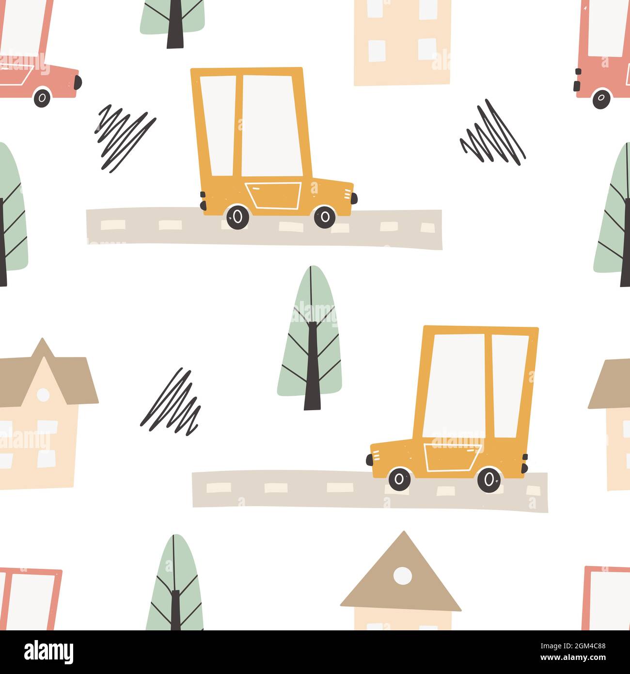 Netter Stadtplan mit Straßen und Verkehr. Nahtloses Vektormuster. Kindlicher, handgezeichneter skandinavischer Stil. Für Kinderzimmer, Textilien, Tapeten, Packagi Stock Vektor
