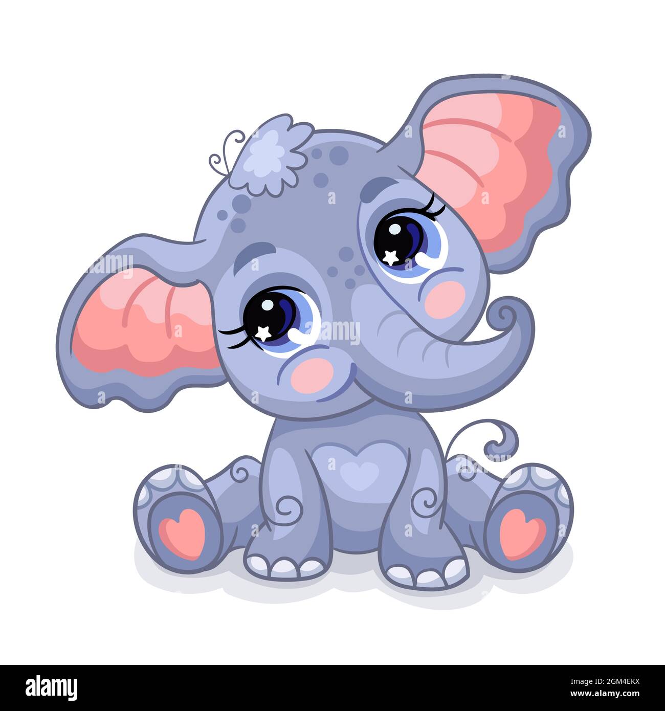 Niedliche sitzende Baby Elefant auf weißem Hintergrund. Zeichentrickfigur. Vektor isoliert bunte Illustration. Für Druck und Gestaltung, Poster, Karte, Aufkleber, Stock Vektor