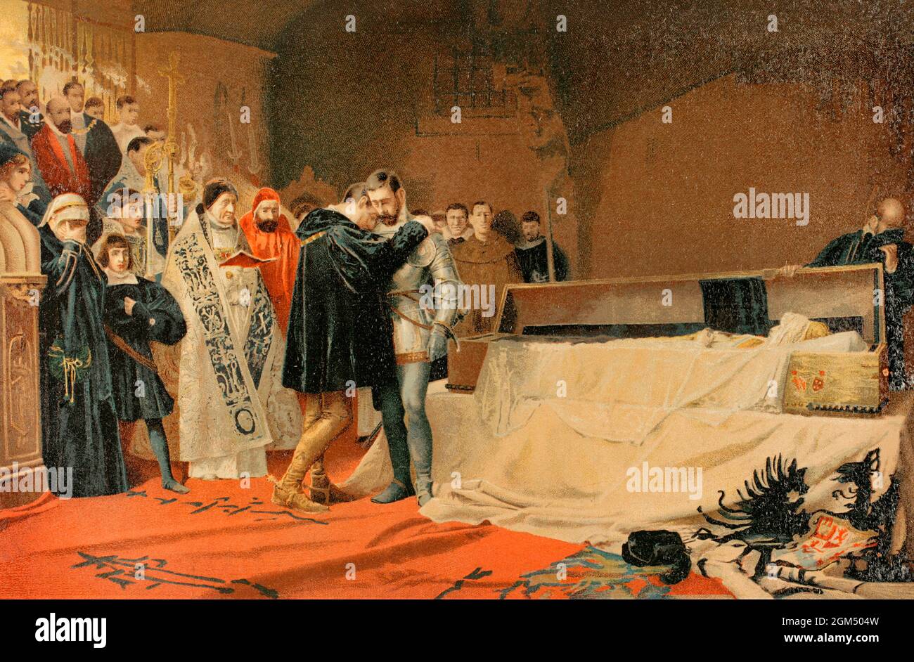 Franz Von Borgia (1510-1572). Marquis von Lombay und später 4. Herzog von Gandía. Diese Szene zeigt den Weltverzicht von Francisco de Borja, nachdem er die verfaulte Leiche der Kaiserin Isabella von Portugal (1503-1539), der Ehefrau von Kaiser Karl I. von Spanien, betrachtet hatte, deren Leichnam nach Granada, der Stadt, in der die Szene stattfand, gebracht werden sollte. Isabella starb am 1. Mai 1539 in Toledo. Die Bekehrung des Herzogs von Gandía. Illustration nach dem Gemälde von Moreno Carbonero. Chromolithographie. Historia General de España (Allgemeine Geschichte Spaniens), von Miguel Morayta. Band III Madrid, 1890. Stockfoto