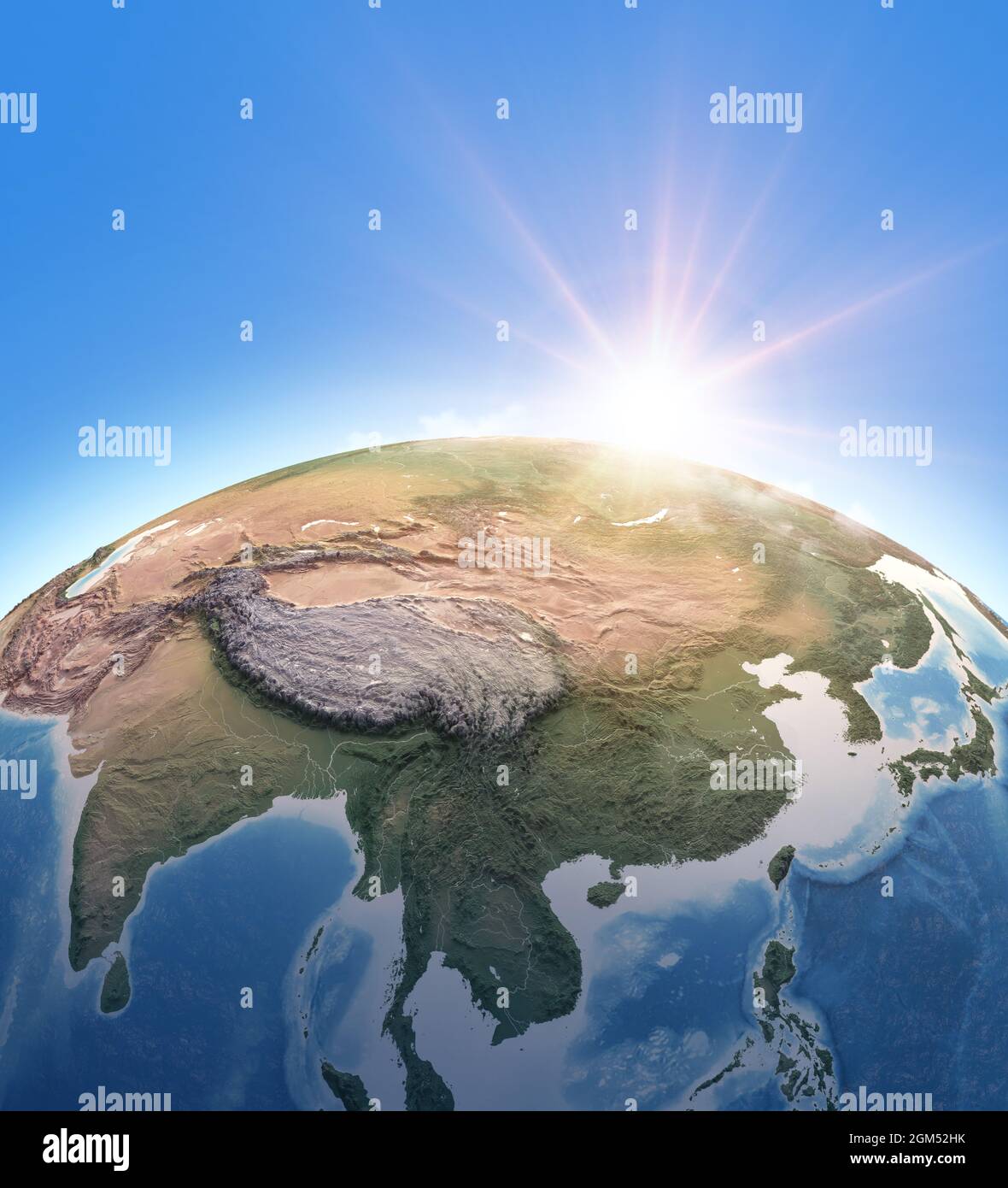 Sonne scheint über dem Planeten Erde. Physische Karte von Südostasien, China, der Mongolei und dem Himalaya. Elemente dieses Bildes, die von der NASA eingerichtet wurden Stockfoto