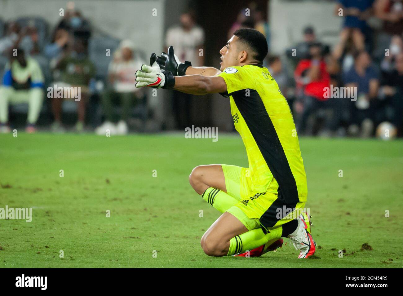 Real Salt Lake Torwart David Ochoa (1) ist frustriert, nachdem er während eines NCAA-Fußballspiels einen Pass verpasst hat, der dem LAFC die Führung gab. Der LAFC entschärft Stockfoto