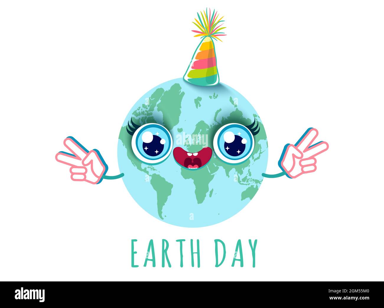 Vektordarstellung eines Planeten Erde im Kawaii-Stil mit Geburtstagsmütze. Süße Karikatur des Planeten mit Friedenssymbol für den Tag der Erde. Stock Vektor