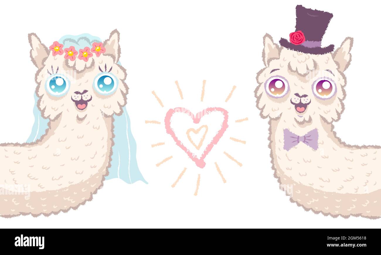 Vektor-Illustration eines niedlichen Lamas für Hochzeitseinladung. Niedlicher Alpaka. Braut und Bräutigam mit Herz. Stock Vektor