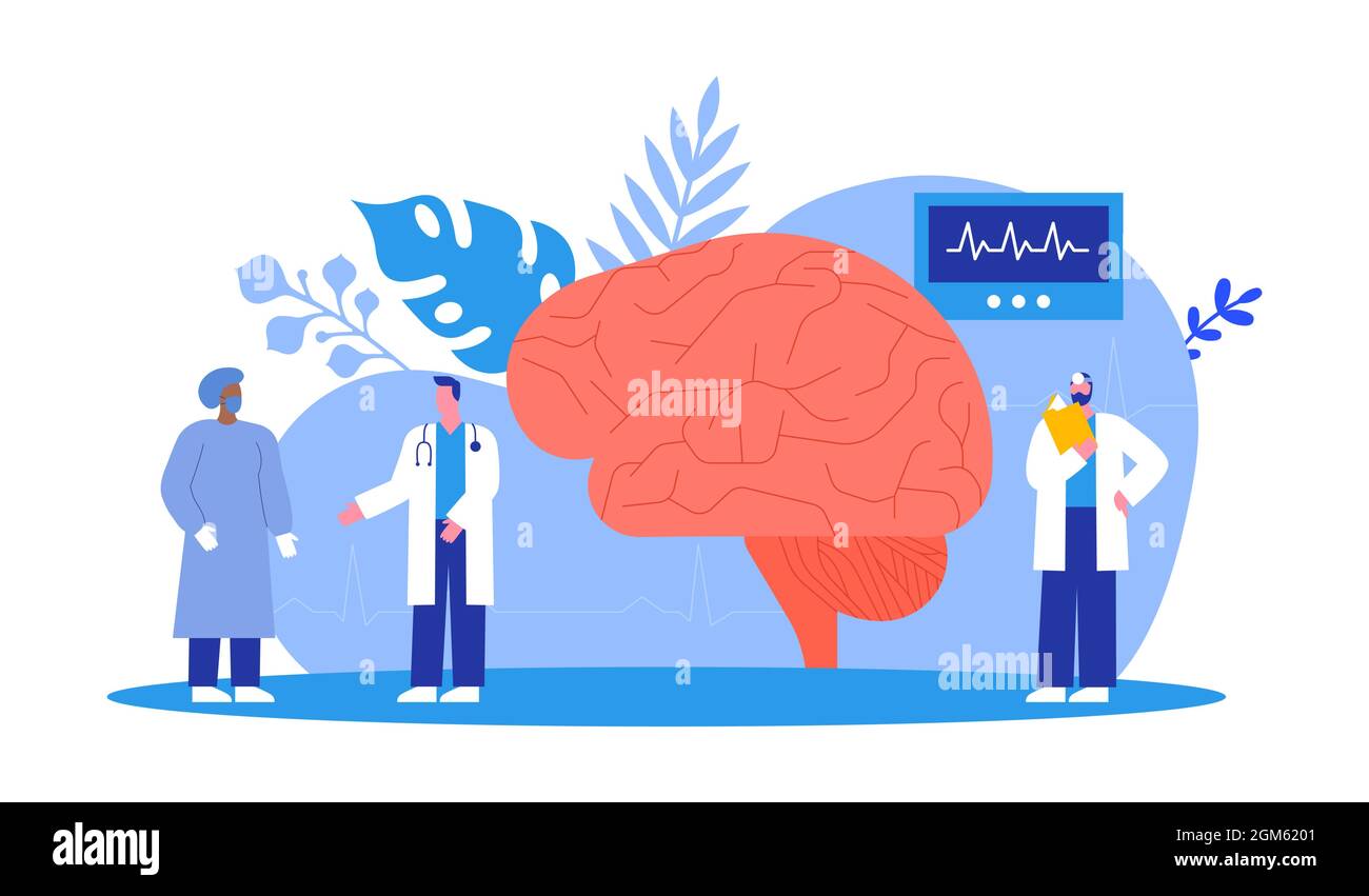 Doctor People Team macht medizinische Studie oder wissenschaftliche Forschung über das menschliche Gehirn. Neurologie Fachkonzept. Isolierte Psychotherapie Illustration in m Stock Vektor