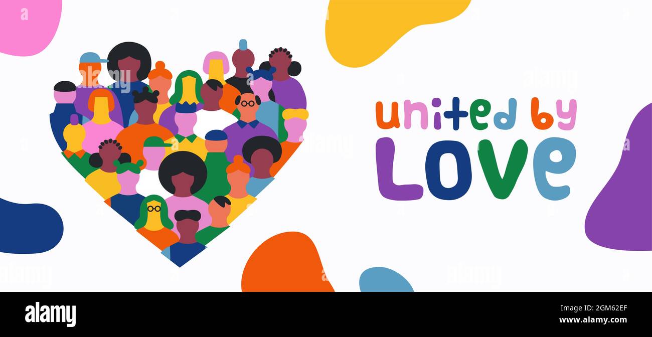 United by Love Webbanner Illustration einer Gruppe verschiedener Menschen, die sich für das Konzept eines Community- oder Freundschaftsteams herzzohlend gestaltet. Stock Vektor