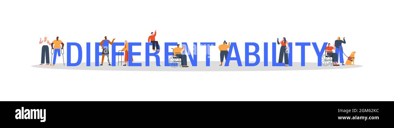 Unterschiedliche Fähigkeit Zitat Illustration Konzept auf isoliertem Hintergrund mit verschiedenen Charakteren und Menschen mit Behinderungen Gemeinschaft. Stock Vektor