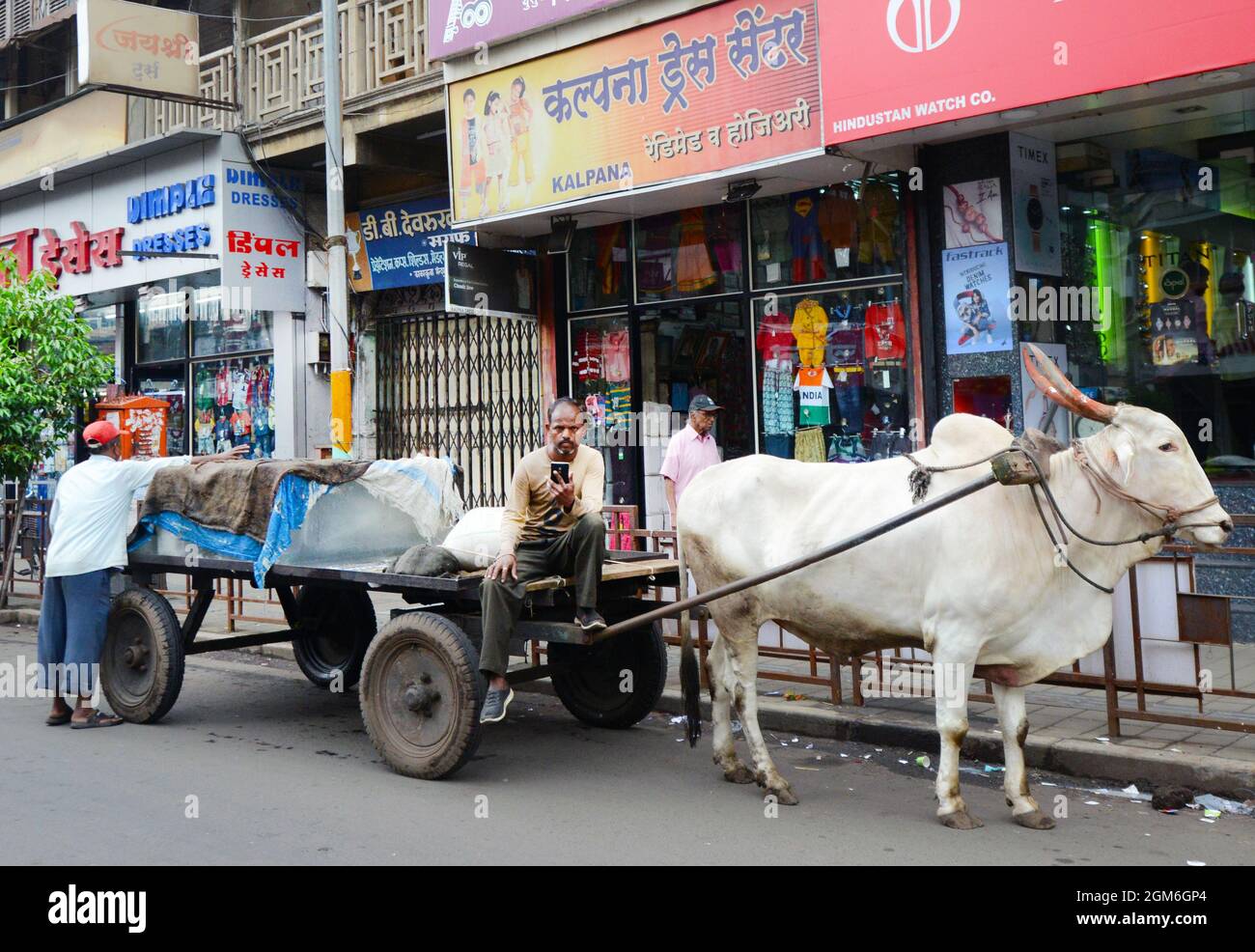 Ein Bullock-Wagen mit großen Eisblöcken auf der MG Road in Pune, Indien. Stockfoto