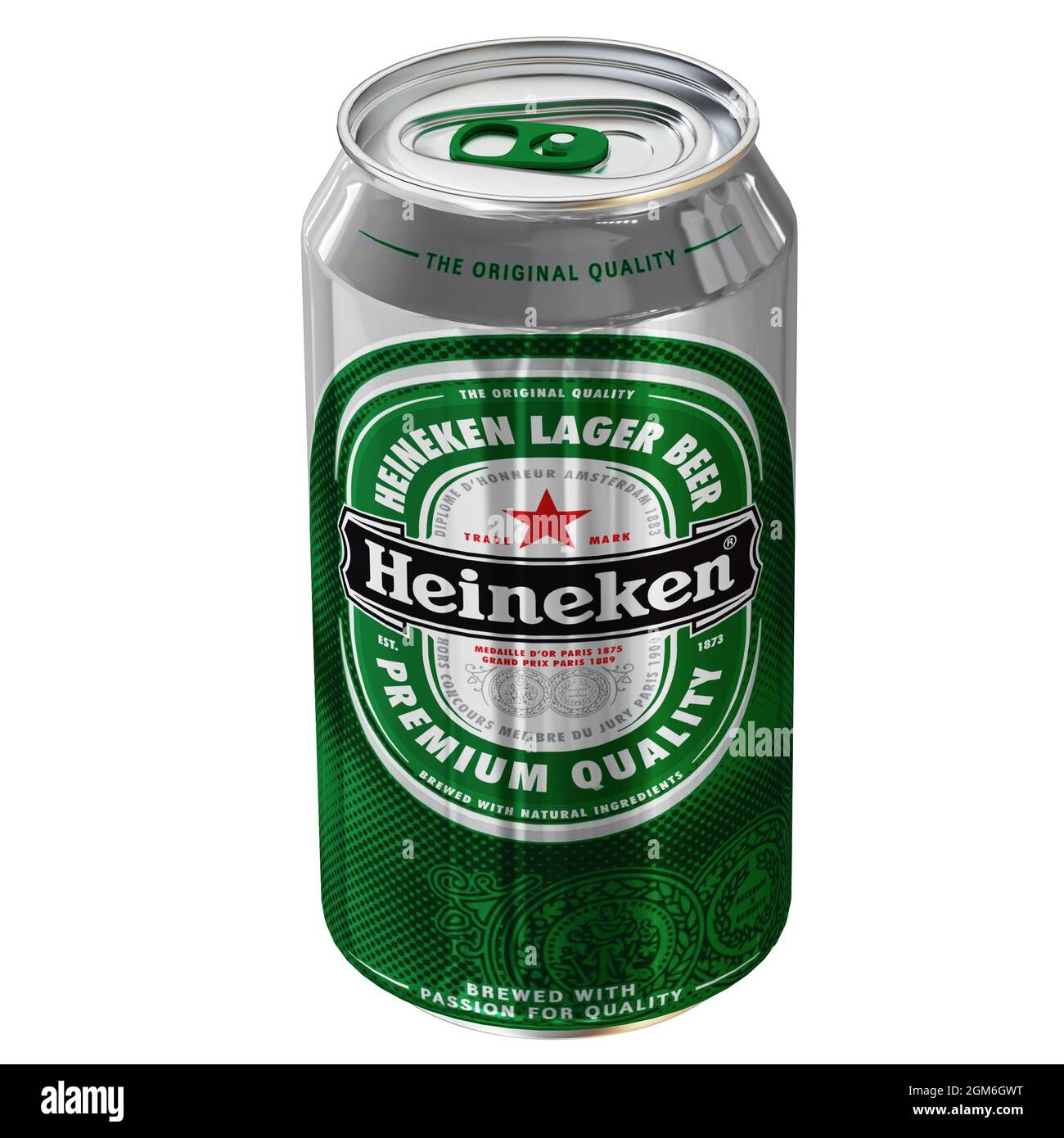 Heineken Beer kann 3d-Modell-Konzept-Rendering mit weißem Hintergrund. Stockfoto